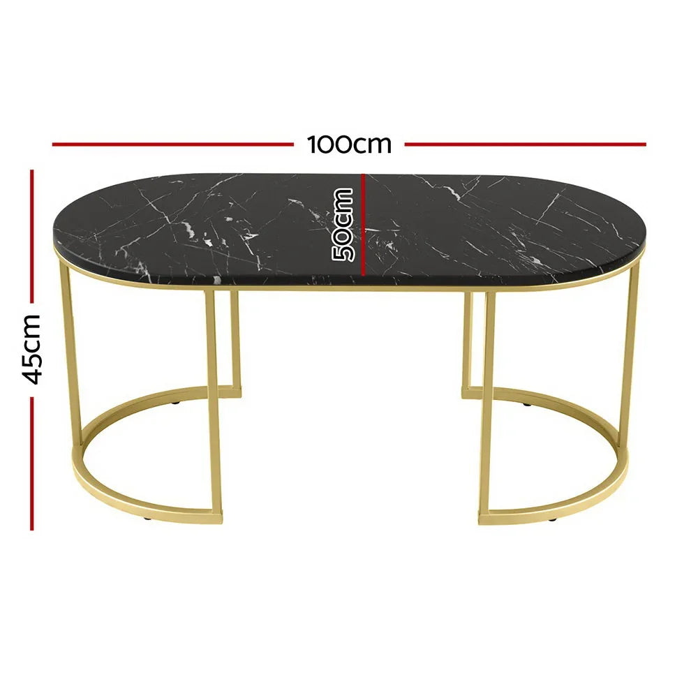 Oval black marble coffee table with gold metal frame, 100x50x45cm dimensions shown.