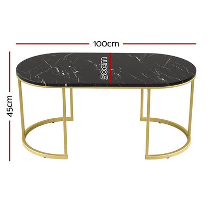 Oval black marble coffee table with gold metal frame, 100x50x45cm dimensions shown.