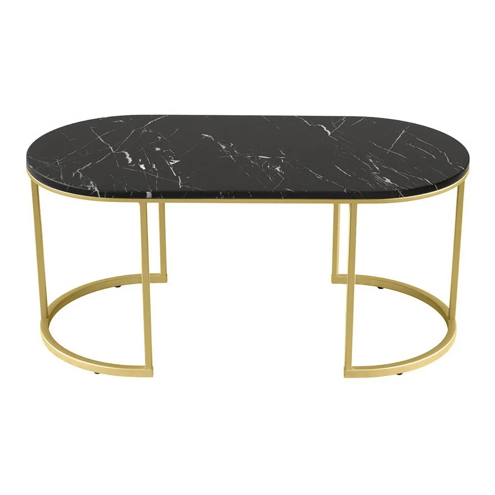 Modern oval black marble coffee table with gold metal frame on white background
