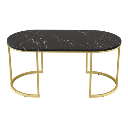 Modern oval black marble coffee table with gold metal frame on white background