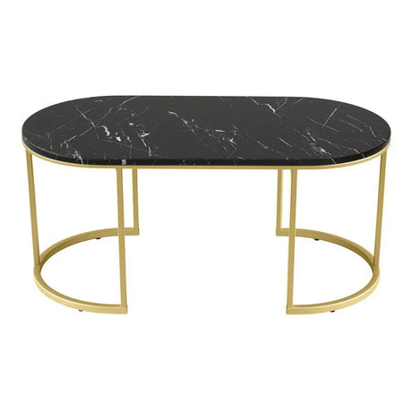 Modern oval black marble coffee table with gold metal frame on white background