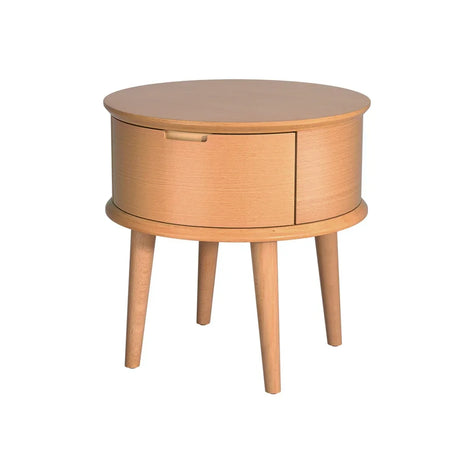 Round wooden side table with storage drawer and four angled legs, modern furniture