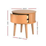 Round wooden side table with one open drawer and marked dimensions, mid-century style.