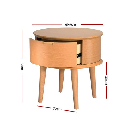 Round wooden side table with one open drawer and marked dimensions, mid-century style.