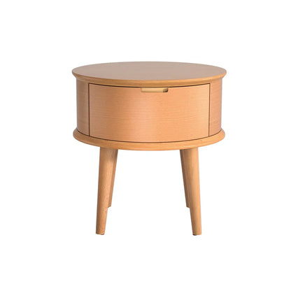 Round wooden bedside table with drawer, minimalist light wood nightstand
