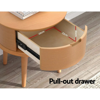 Round wooden side table with pull-out drawer and labeled inner dimensions
