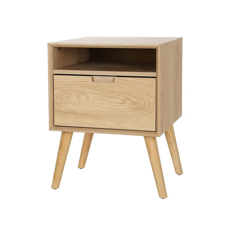 Mid-century modern light wood nightstand with drawer and open shelf on angled legs