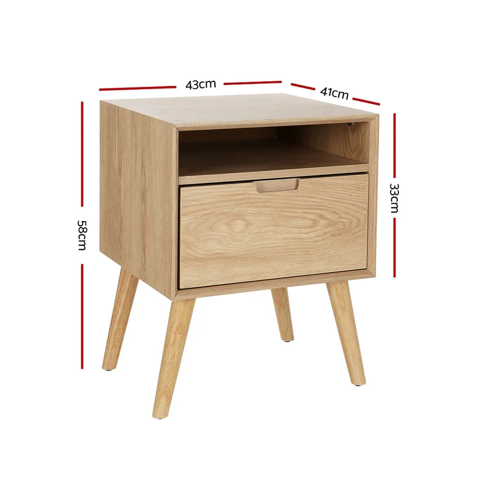 Scandinavian style oak nightstand with drawer, open shelf, and labeled dimensions