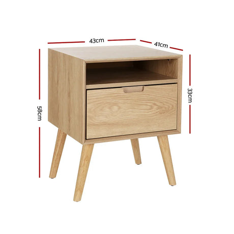 Scandinavian style oak nightstand with drawer, open shelf, and labeled dimensions