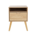 Modern light wood nightstand with one drawer, open shelf, and angled legs