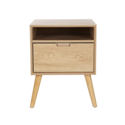 Modern light wood nightstand with one drawer, open shelf, and angled legs