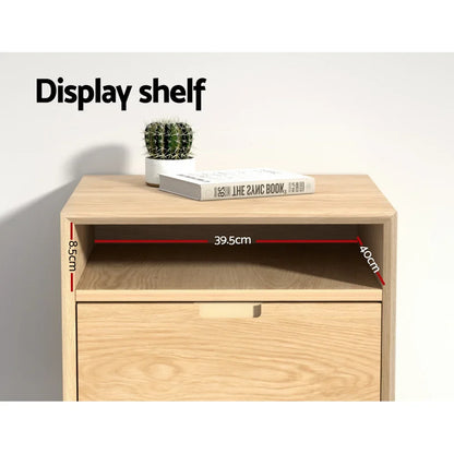 Wooden display shelf with cactus plant, book, and shelf measurements labeled
