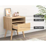 Light wood bedside table with open shelf and drawer, 20kg top capacity, 5kg shelf, 5kg drawer
