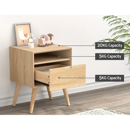 Light wood bedside table with open shelf and drawer, 20kg top capacity, 5kg shelf, 5kg drawer