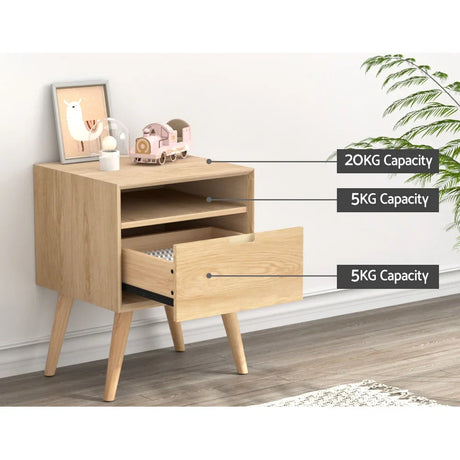 Light wood bedside table with open shelf and drawer, 20kg top capacity, 5kg shelf, 5kg drawer
