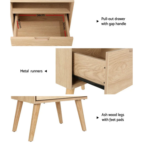 Natural wood bedside table with pull-out drawer, metal runners, and ash wood legs.