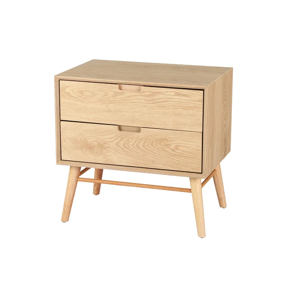 Mid-century modern light wood nightstand with two drawers and angled legs