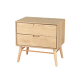 Mid-century modern light wood nightstand with two drawers and angled legs