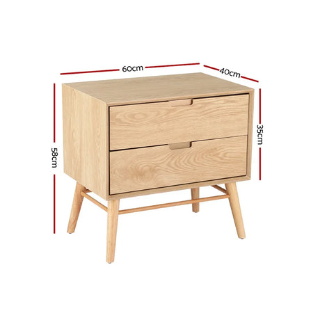 Light wood 2-drawer bedside table with splayed legs, dimensions: 60x40x58 cm