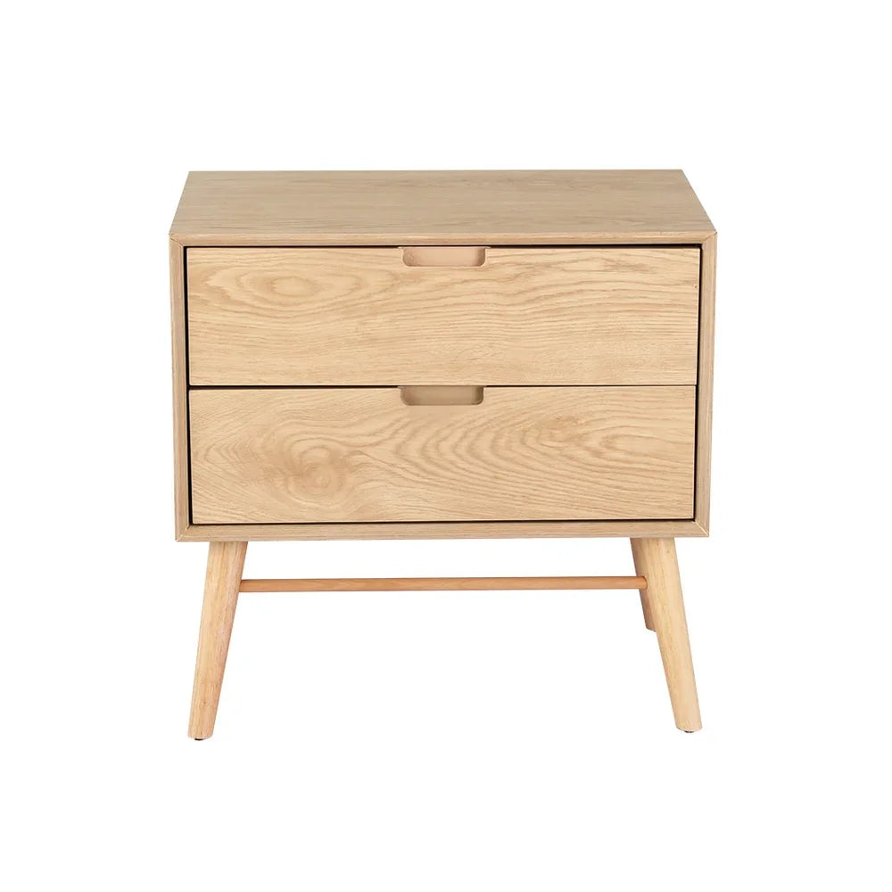 Mid-century modern light wood nightstand with two drawers and angled legs
