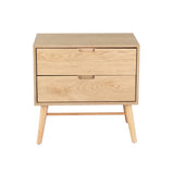 Mid-century modern light wood nightstand with two drawers and angled legs