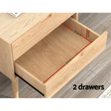 Light wood 2-drawer cabinet with open drawer showing 60cm x 35cm x 31.5cm dimensions.