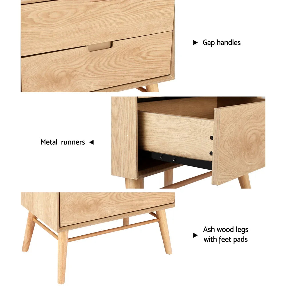 Modern bedside table with gap handles, metal runners, and ash wood legs with feet pads.