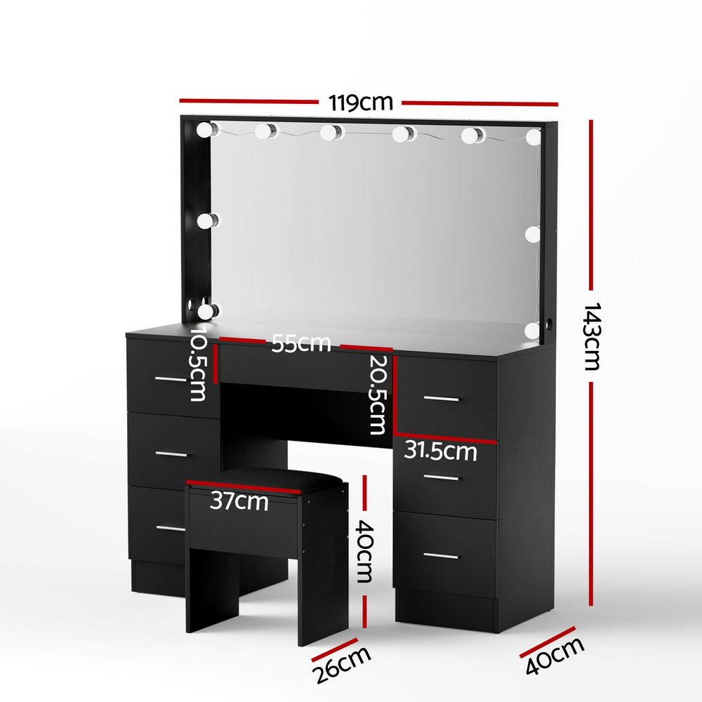 Dressing Table Black with 10 LED Bulbs & Stool - Artiss Vanity Desk