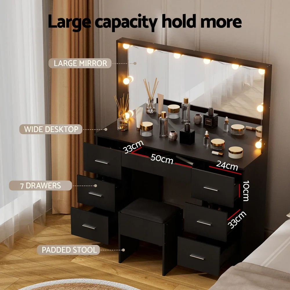 Dressing Table Black with 10 LED Bulbs & Stool - Artiss Vanity Desk
