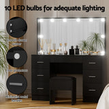 Dressing Table Black with 10 LED Bulbs & Stool - Artiss Vanity Desk