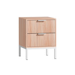 Modern two-drawer wood nightstand with vertical grooves and white metal legs