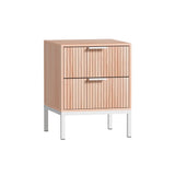 Modern two-drawer wood nightstand with vertical grooves and white metal legs