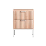 Modern wooden file cabinet with two drawers, vertical slatted design, and white metal legs