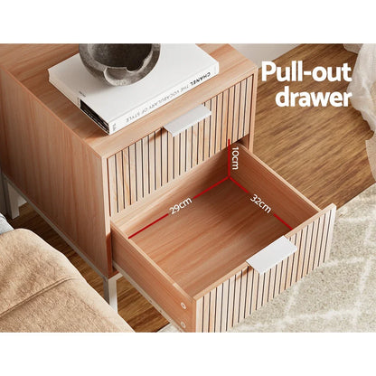 Wooden bedside table with open pull-out drawer, labeled dimensions 29x32x10cm