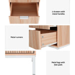 Wooden bedside table with 2 metal handle drawers, metal runners and white metal legs