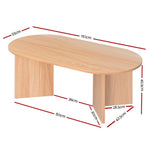 Light wood oval coffee table with dimensions in centimeters, modern minimalist design