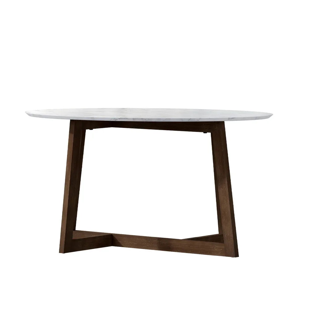 Round white marble dining table with dark wood modern base