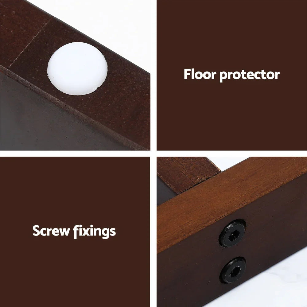Close-up of dark wood furniture leg with floor protector and screw fixings.