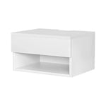 Modern white floating nightstand with drawer and open shelf on white background