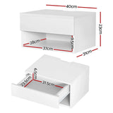 White floating bedside table with drawer, shelf, and detailed size measurements in centimeters.