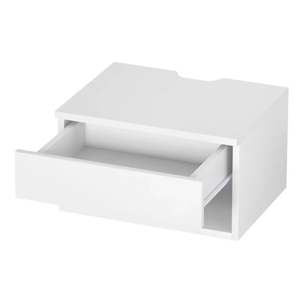 Modern white floating nightstand with open drawer and minimalist design