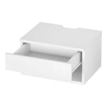 Modern white floating nightstand with open drawer and minimalist design