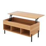 Modern lift-top coffee table with wood finish, open storage shelves, and black metal legs.