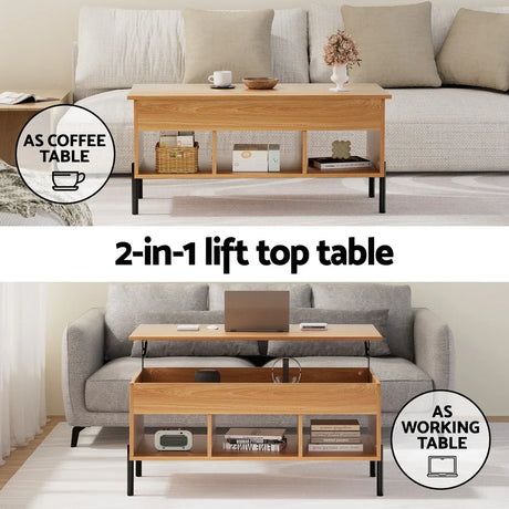 2-in-1 lift top coffee table in living room, shown as coffee table and as working desk