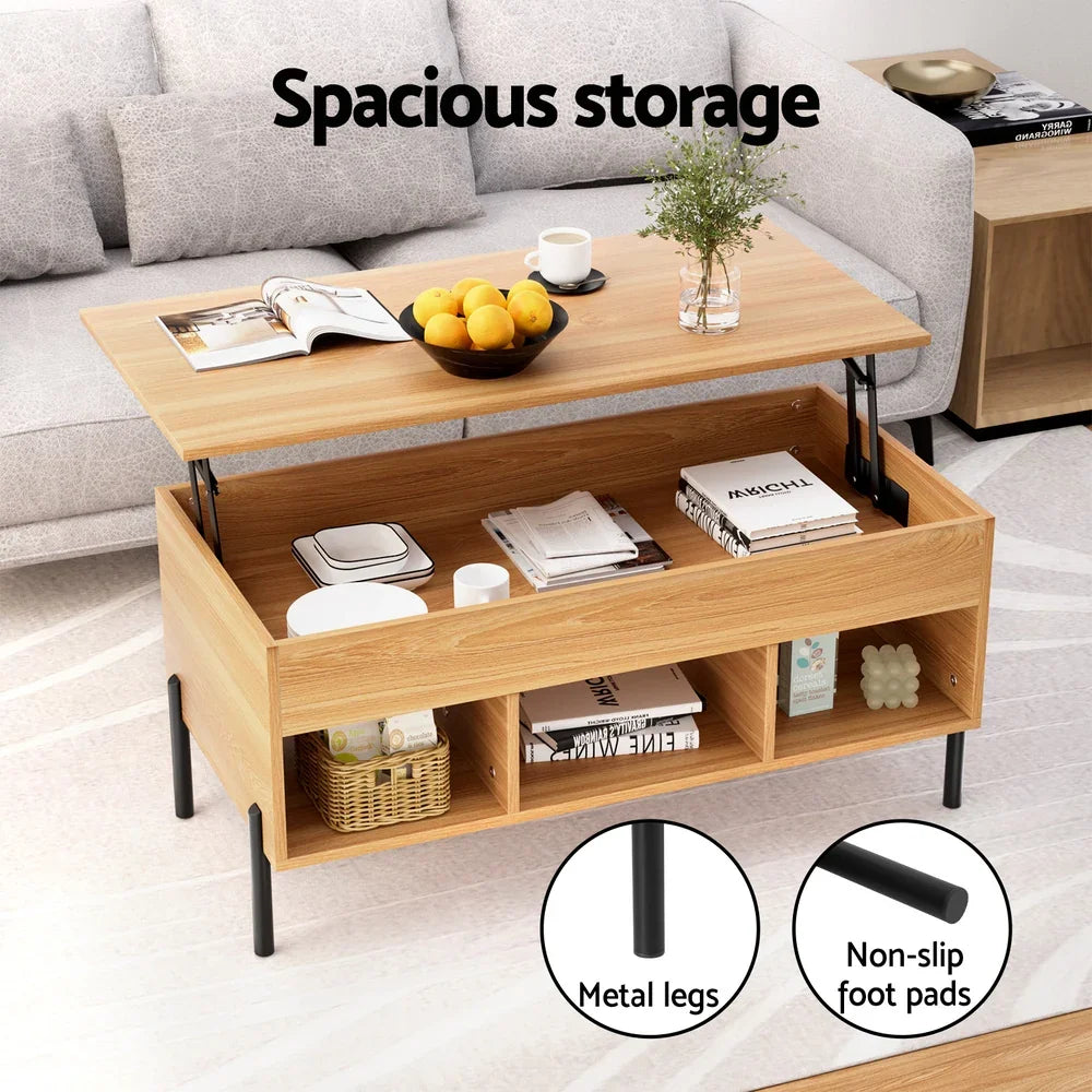 Lift-top coffee table with spacious storage, metal legs, non-slip foot pads in living room