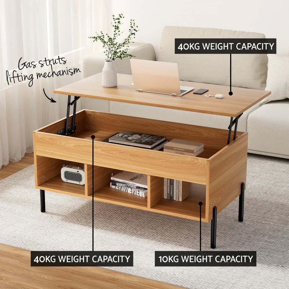 Light wood lift top coffee table with storage shelves, gas struts, and weight capacity labels in living room