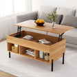 Modern wooden lift-top coffee table with storage shelves in front of a grey sofa