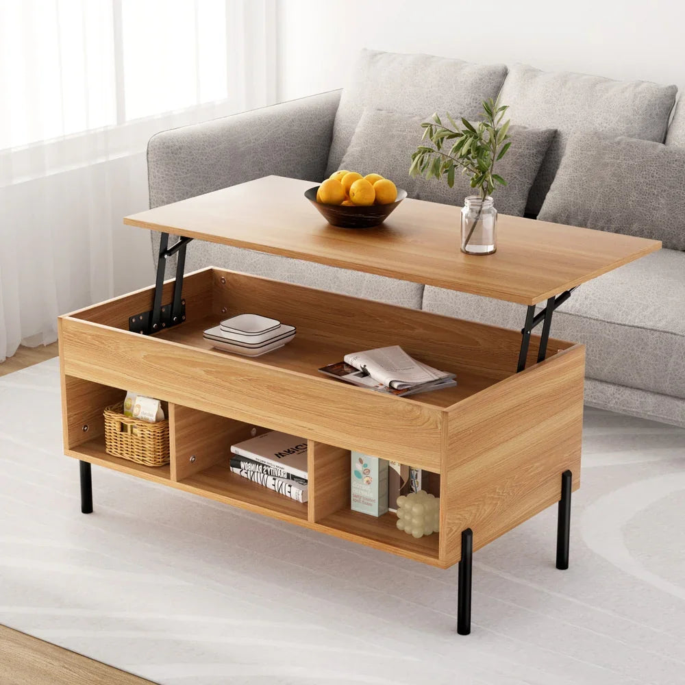 Modern wooden lift-top coffee table with storage shelves in front of a grey sofa