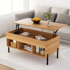 Modern wooden lift-top coffee table with storage shelves in front of a grey sofa