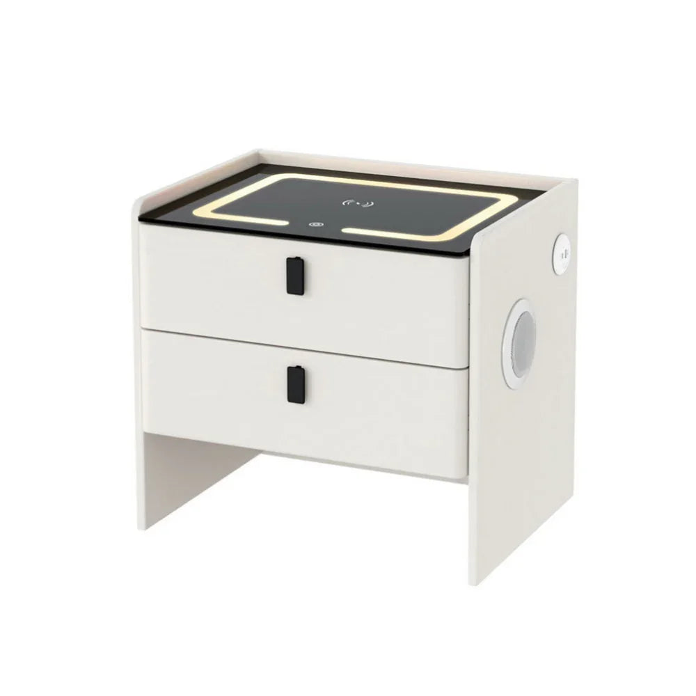 Modern white bedside table with LED top, drawers, wireless charging, and built-in speaker